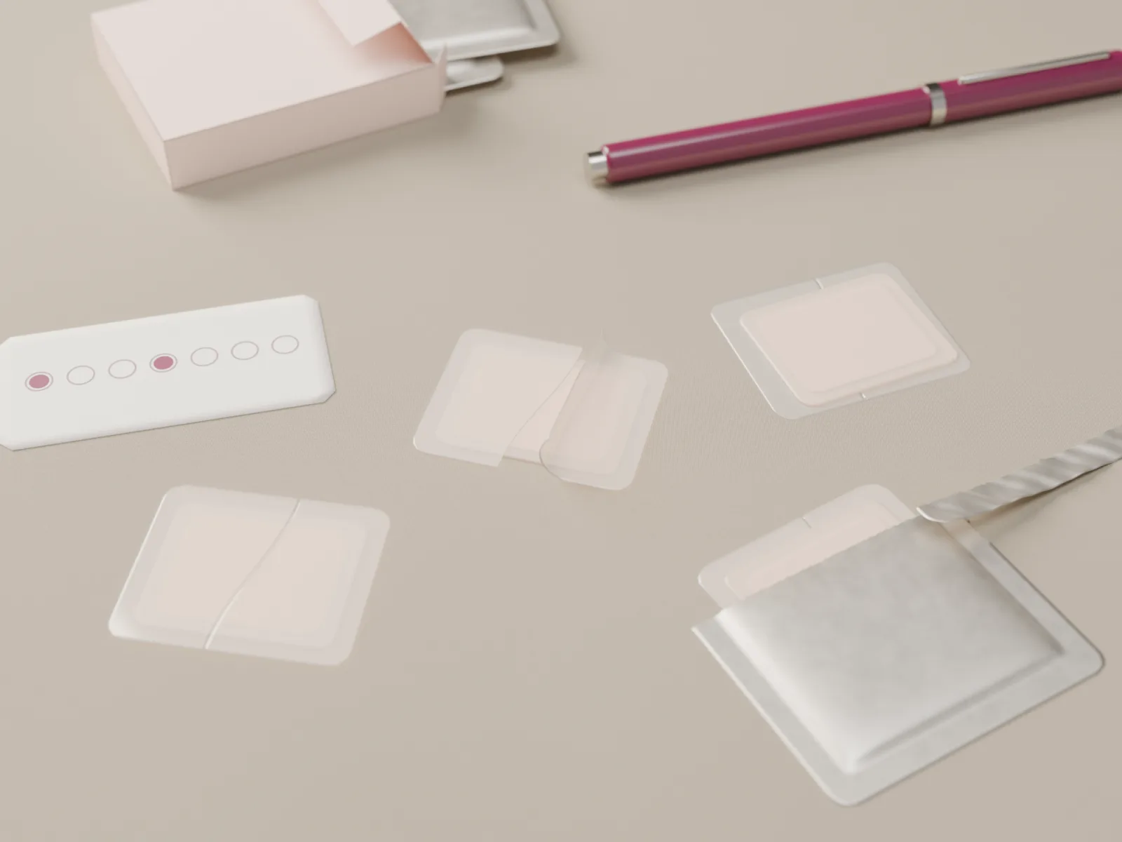 Estradiol patches on a linen cloth, one peeling from its clear liner, beside an open carton of foil pouches